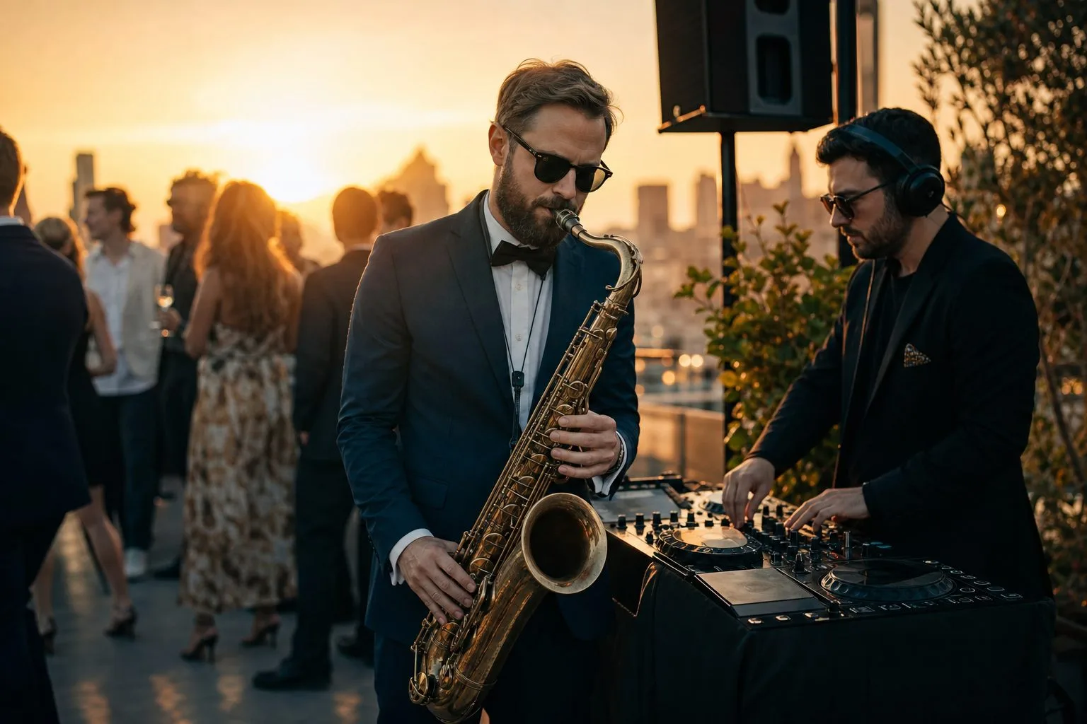 Saksofonista svira uz DJ set na koktelu u zalazak sunca